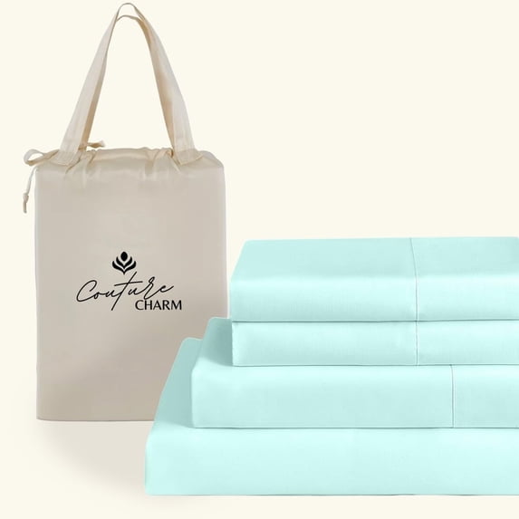 Couture Charm Hotel Luxury 500-TC Giza Cotton Full Size 4-Pcs Sheet Set Fits Upto 24-26" Deep Pocket (Solid, Aqua Blue)
