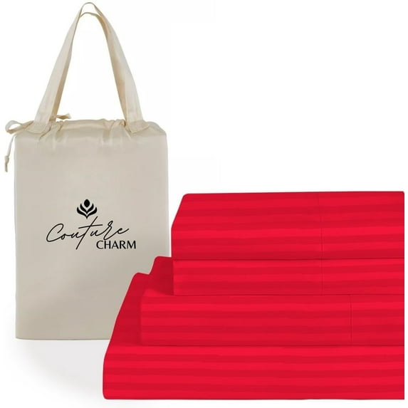 Couture Charm Hotel Luxury 500-TC Giza Cotton Full-XL Size 4-Pcs Sheet Set Fits Upto 24-26" Deep Pocket (Stripe, Red)