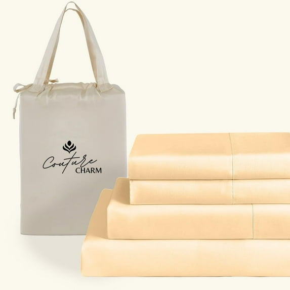 Couture Charm Hotel Luxury 500-TC Giza Cotton King Size 4-Pcs Sheet Set Fits Upto 10-12" Deep Pocket (Solid, Beige)