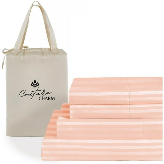 Couture Charm Hotel Luxury 500-TC Giza Cotton Olympic-Queen Size 4-Pcs Sheet Set Fits Upto 24-26" Deep Pocket (Stripe, Peach)
