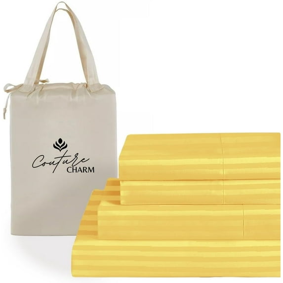 Couture Charm Hotel Luxury 500-TC Giza Cotton Twin-XL Size 4-Pcs Sheet Set Fits Upto 10-12" Deep Pocket (Stripe, Gold)
