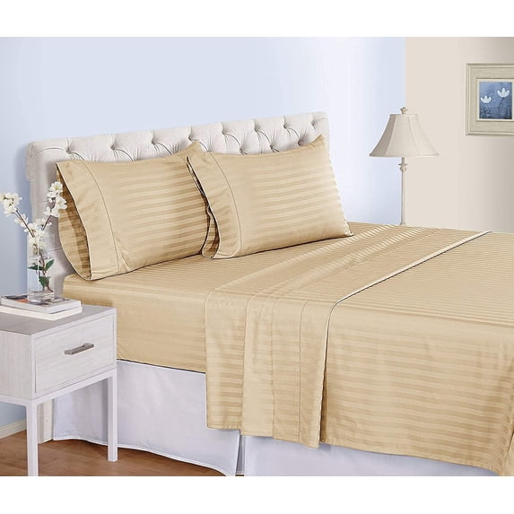 Couture Charm Hotel Luxury 500-TC Peruvian Pima Cotton Full Size 4-Pcs Sheet Set Fits Upto 19-23" Deep Pocket (Stripe, Beige)