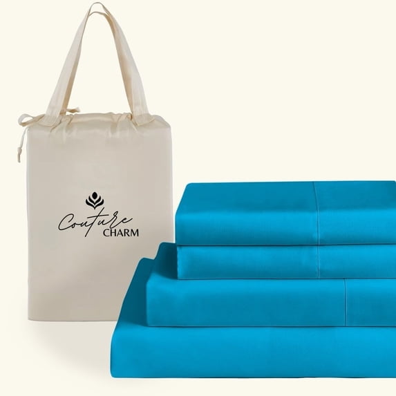 Couture Charm Hotel Luxury 500-TC Peruvian Pima Cotton King Size 4-Pcs Sheet Set Fits Upto 10-12" Deep Pocket (Solid, Turquoise)