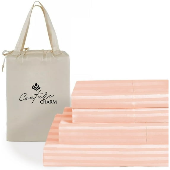 Couture Charm Hotel Luxury 500-TC Peruvian Pima Cotton King Size 4-Pcs Sheet Set Fits Upto 14-18" Deep Pocket (Stripe, Peach)