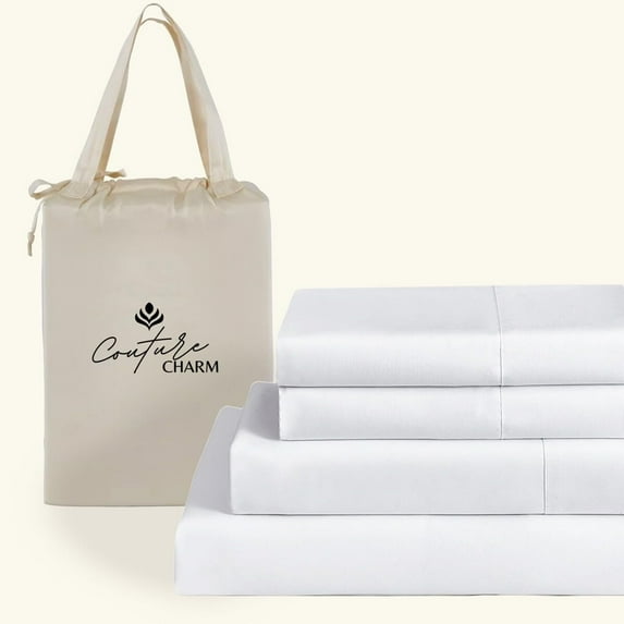 Couture Charm Hotel Luxury 500-TC Peruvian Pima Cotton Queen Size 4-Pcs Sheet Set Fits Upto 10-12" Deep Pocket (Solid, White)