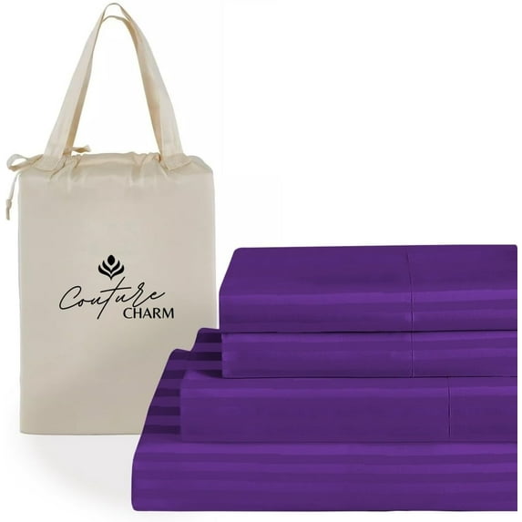 Couture Charm Hotel Luxury 500-TC Peruvian Pima Cotton Twin-XL Size 4-Pcs Sheet Set Fits Upto 27-30" Deep Pocket (Stripe, Purple)