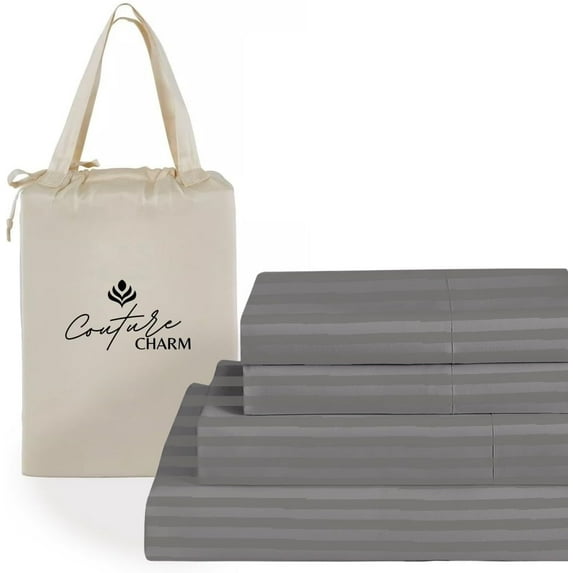 Couture Charm Hotel Luxury 600-TC Combed Cotton California King Size 4-Pcs Sheet Set Fits Upto 14-18" Deep Pocket (Stripe, Dark Gray)