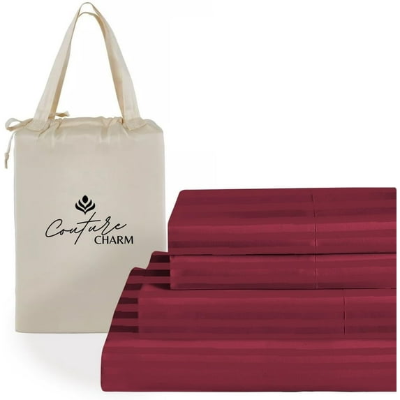 Couture Charm Hotel Luxury 600-TC Combed Cotton California King Size 4-Pcs Sheet Set Fits Upto 23-26" Deep Pocket (Stripe, Burgundy)