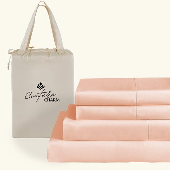 Couture Charm Hotel Luxury 600-TC Combed Cotton Twin-XL Size 4-Pcs Sheet Set Fits Upto 6-9" Deep Pocket (Solid, Peach)