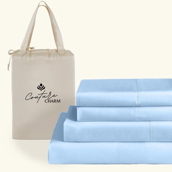 Couture Charm Hotel Luxury 600-TC Supima Cotton Queen Size 4-Pcs Sheet Set Fits Upto 10-12" Deep Pocket (Solid, Light Blue)