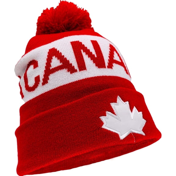 Couver 12 inch National Flag Color Acrylic Beanie with Pom Pom - CANADA / Red