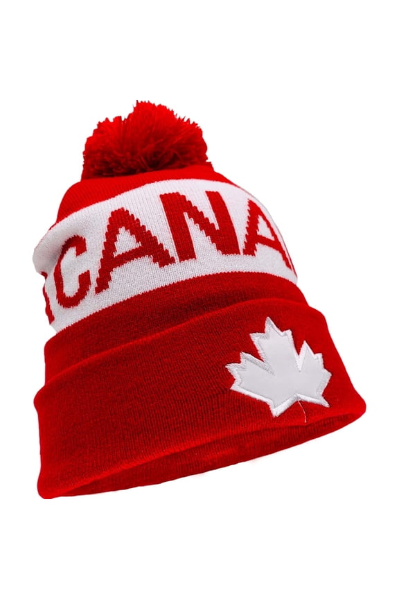12 inch National Flag Color Acrylic Beanie with Pom Pom - CANADA / Red