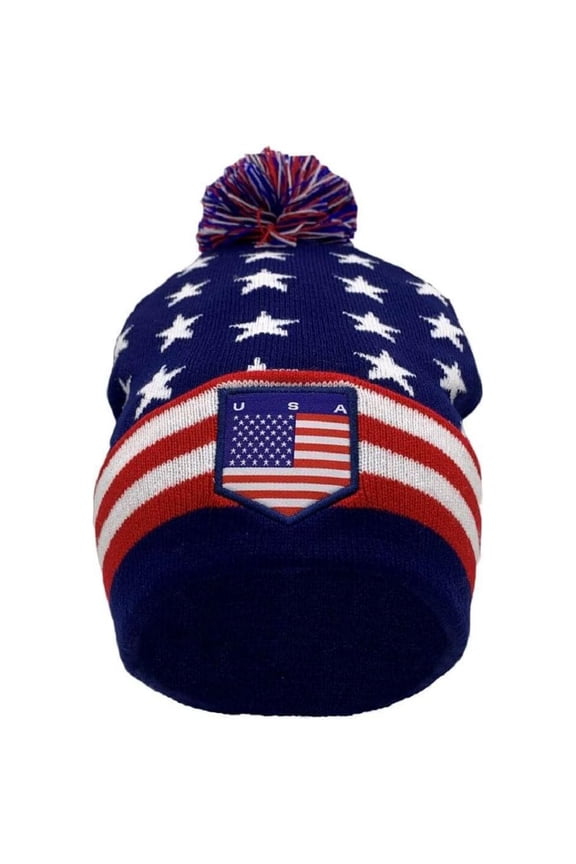 12 inch National Flag Color Acrylic Beanie with Pom Pom - USA / Stars with Stripes