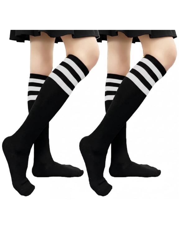 2-Pairs Women's Triple Striped Knee High Tube Cotton Socks Size 9-11, Black / White
