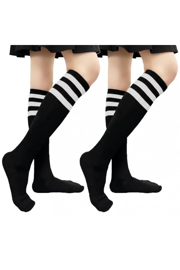 2-Pairs Women's Triple Striped Knee High Tube Cotton Socks Size 9-11, Black / White