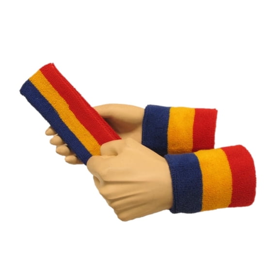 Couver 3 Color Striped Terry Sports Sweat Headband & Wristband 3 Pieces Set, One Size (Blue/Gold Yellow/Red)
