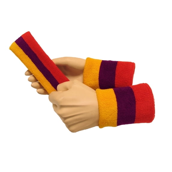 Couver 3 Color Striped Terry Sports Sweat Headband & Wristband 3 Pieces Set, One Size (Gold Yellow/Purple/Red)