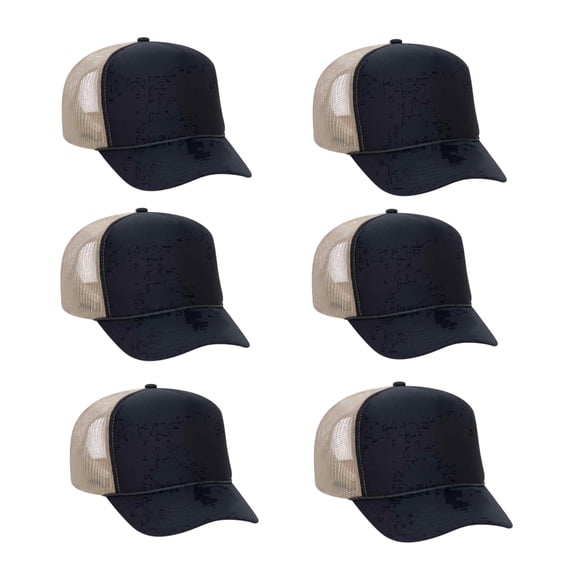 Couver 5 Panel High Crown Back Split Mesh Polyester Foam Trucker Hat, Navy Blue Khaki, 6 Count