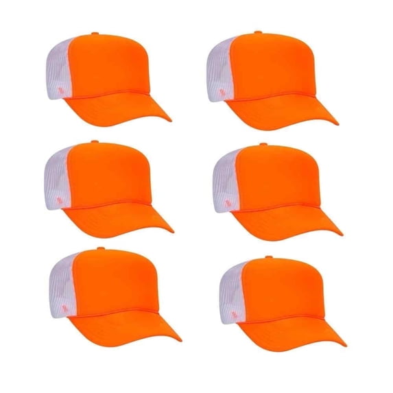 Couver 5 Panel High Crown Back Split Mesh Polyester Foam Trucker Hat, Neon Orange Pure White, 6 Count