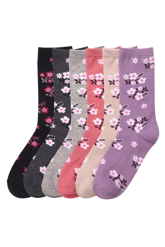 Women's Patterned Crew Socks, 6-Pack, BLOOM, Size 9-11