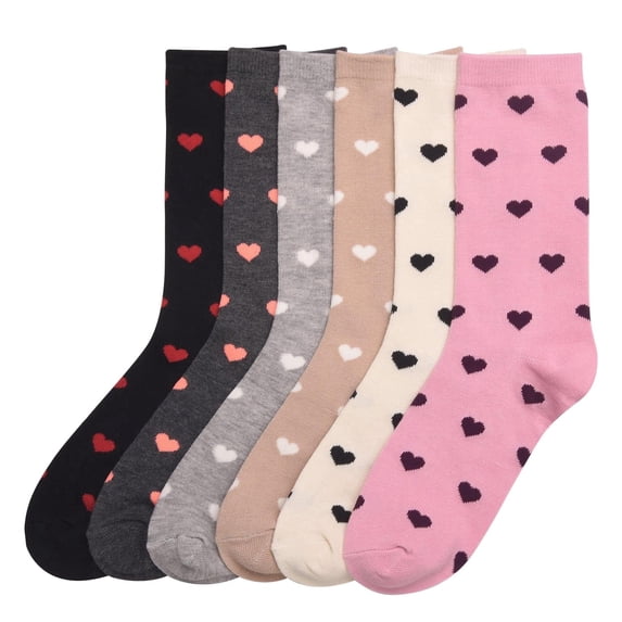 Couver Women's Patterned Crew Socks, 6-Pack, elegant HEART, Size 9-11