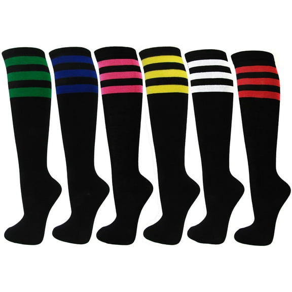 Couver Adult Unisex Casual Wear Cotton Knee High Referee Socks Multi-Assorted Pack( Black with 3 Colored Stripes, Medium (6 Pairs))