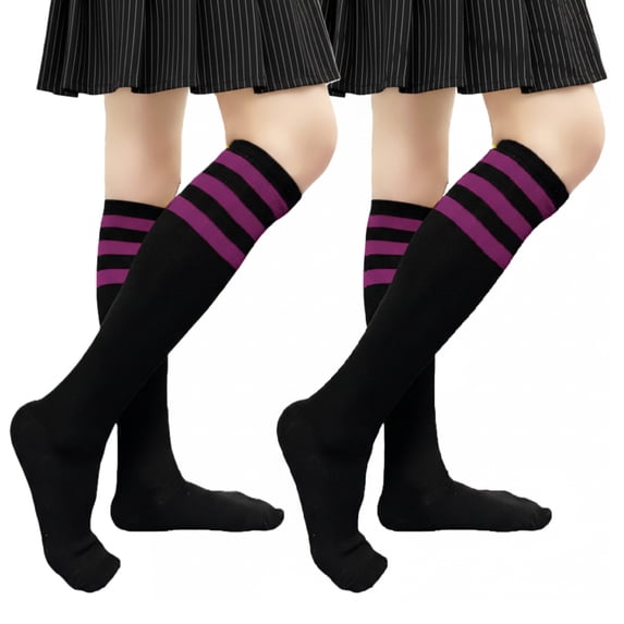 Couver Women's Triple Striped Knee High Tube Cotton Socks, Black Bright Purple, 9-11, 2 Pairs