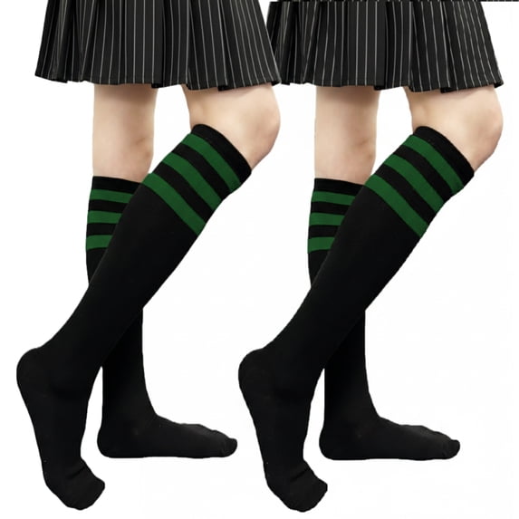 Couver Women's Triple Striped Knee High Tube Cotton Socks, Black Green, 9-11, 2 Pairs