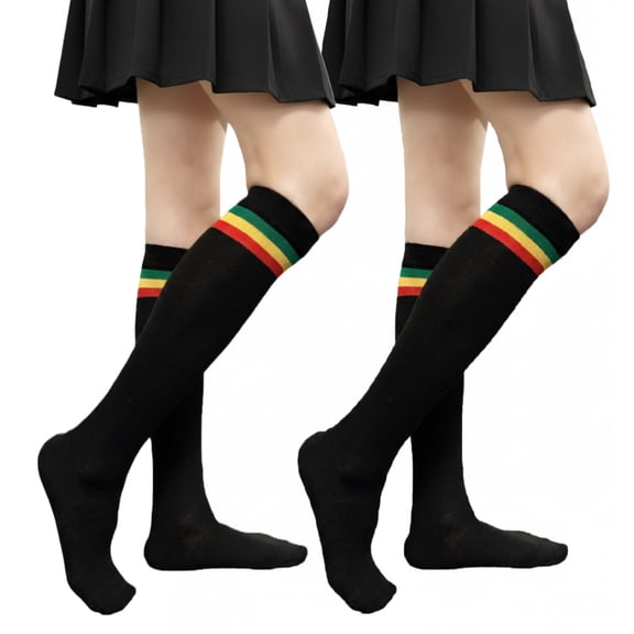 Couver Women's Triple Striped Knee High Tube Cotton Socks, Black Green Yellow Red, 9-11, 2 Pairs