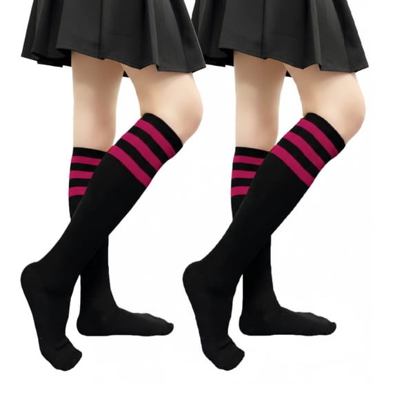 Couver Women's Triple Striped Knee High Tube Cotton Socks, Black Hot Pink, 9-11, 2 Pairs