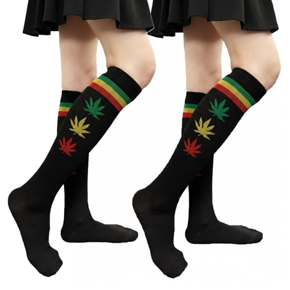 Couver Women's Triple Striped Knee High Tube Cotton Socks, Black Maple, 9-11, 2 Pairs