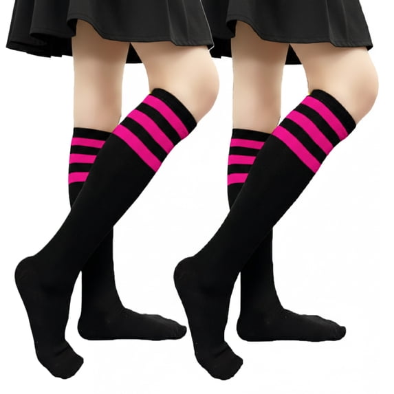 Couver Women's Triple Striped Knee High Tube Cotton Socks, Black Neon Hot Pink, 9-11, 2 Pairs