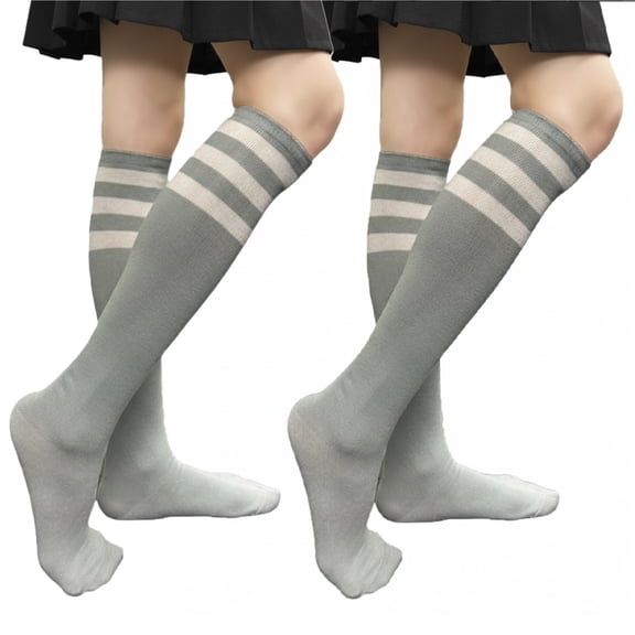 Couver Women's Triple Striped Knee High Tube Cotton Socks, Light Gray White, 9-11, 2 Pairs