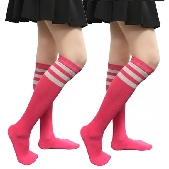 Couver Women's Triple Striped Knee High Tube Cotton Socks, Pink White, 9-11, 2 Pairs