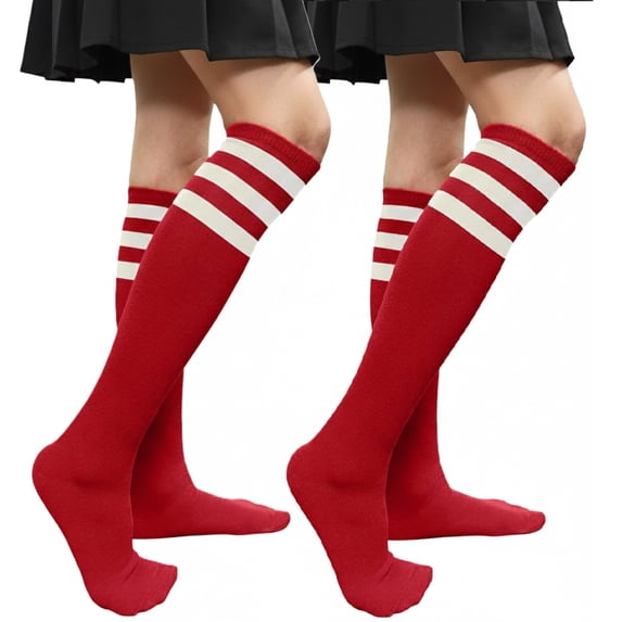 Couver Women's Triple Striped Knee High Tube Cotton Socks, Red White, 9-11, 2 Pairs