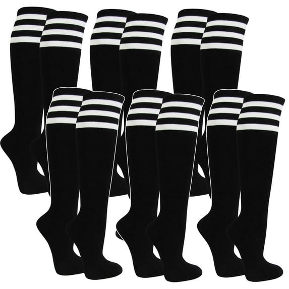 Couver Black Triple Striped Knee High Ladies' Girls Stretchy Fashion Casual G11:G34Tube Cotton Socks, 6 Pairs Bulk Pack, Black / White