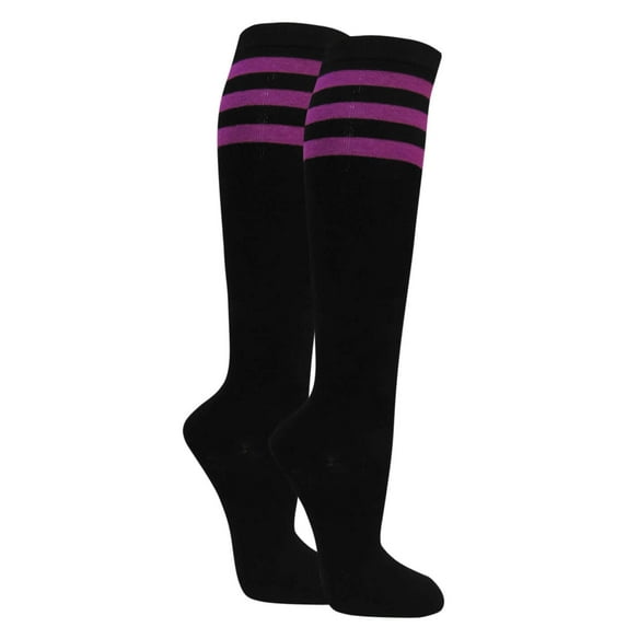 Couver Black Triple Striped Knee High Ladies' Girls Stretchy Fashion Casual Tube Cotton Socks, Black / Bright Purple