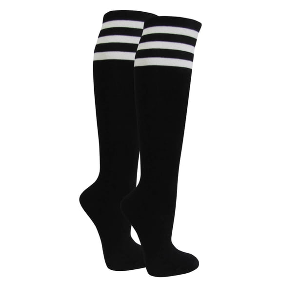 Couver Black Triple Striped Knee High Ladies' Girls Stretchy Fashion Casual Tube Cotton Socks, Black / White