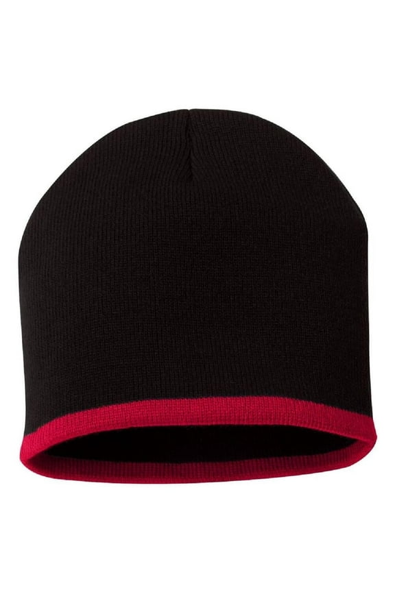 Bottom Striped Blaze Beanie Bulky Hat Soft 100% Knit Acrylic Winter Skull Cap Unisex 8'' - (Black/ Red)