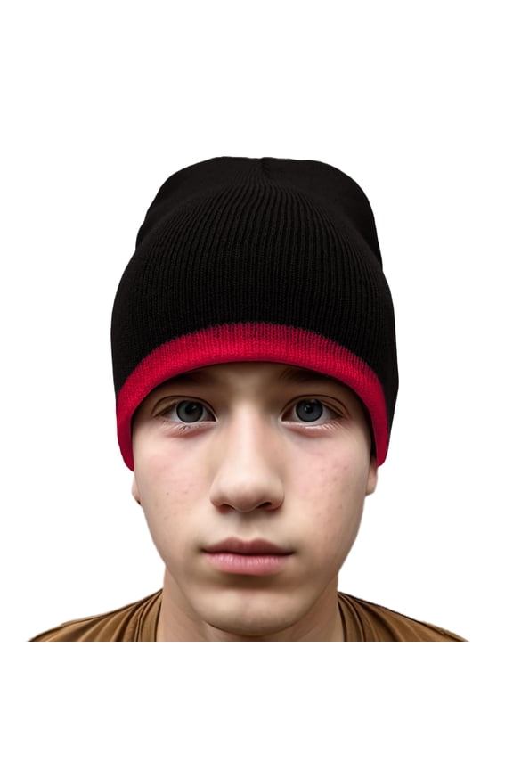 Bottom Striped Blaze Beanie Bulky Hat Soft 100% Knit Acrylic Winter Skull Cap Unisex 8'' - (Black/ Red)