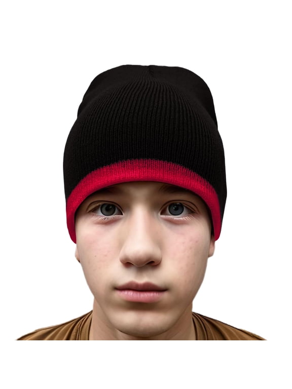 Bottom Striped Blaze Beanie Bulky Hat Soft 100% Knit Acrylic Winter Skull Cap Unisex 8'' - (Black/ Red)