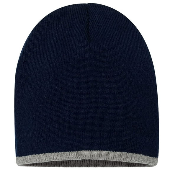 Couver Bottom Striped Blaze Beanie Bulky Hat Soft 100% Knit Acrylic Winter Skull Cap Unisex 8'' - (Navy/ Grey)