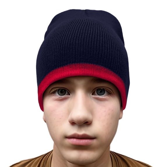 Couver Bottom Striped Blaze Beanie Bulky Hat Soft 100% Knit Acrylic Winter Skull Cap Unisex 8'' - (Navy/ Red)