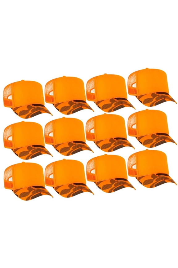 Camouflage 5 Panel High Crown Mesh Back Trucker Hat, Crown Split, Neon Orange/Camo, 12PCS Bulk Set Pack