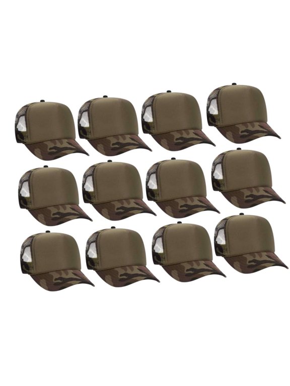 Camouflage 5 Panel High Crown Mesh Back Trucker Hat, Front Split, Camo/Olive/Camo, 12PCS Bulk Set Pack