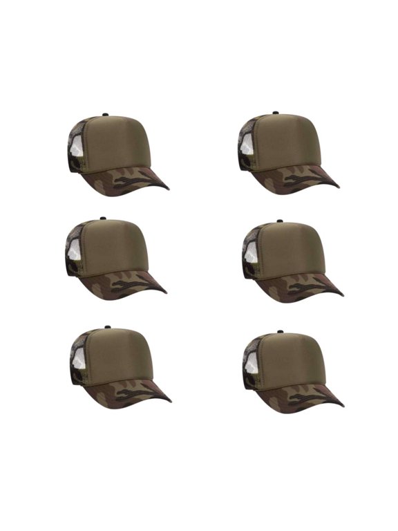 Camouflage 5 Panel High Crown Mesh Back Trucker Hat, Front Split, Camo/Olive/Camo, 6PCS Set Pack