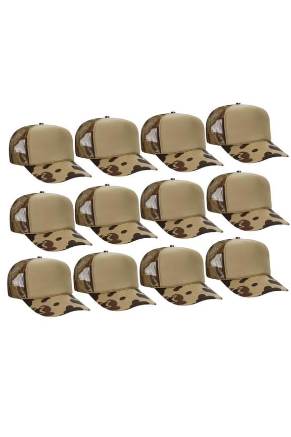 Camouflage 5 Panel High Crown Mesh Back Trucker Hat, Front Split, Camo/Tan/Camo, 12PCS Bulk Set Pack