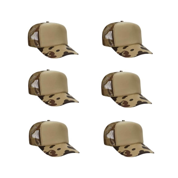 Couver Camouflage 5 Panel High Crown Mesh Back Trucker Hat, Front Split, Camo/Tan/Camo, 6PCS Set Pack