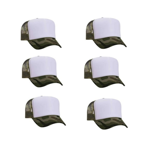 Couver Camouflage 5 Panel High Crown Mesh Back Trucker Hat, Front Split, Camo/White/Camo, 6PCS Set Pack