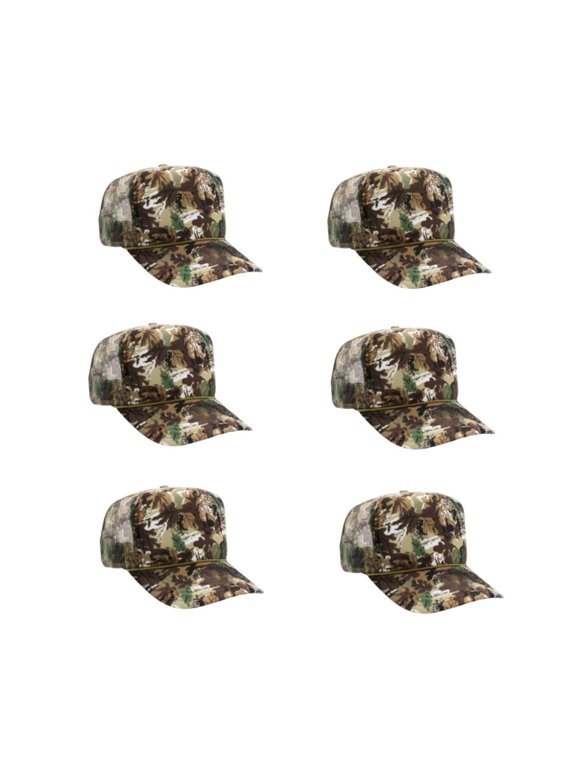 Camouflage 5 Panel High Crown Mesh Back Trucker Hat, Solid, Light Loden/Brown/Khaki, 6PCS Set Pack